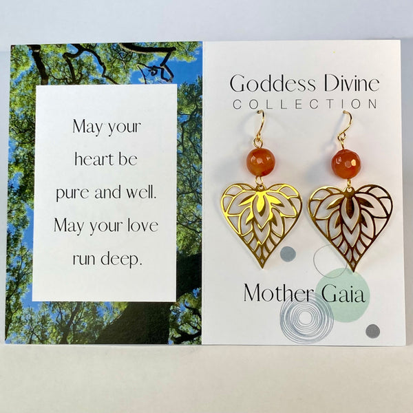 gold heart leaf carnelian gemstone earrings for self love and energy healing