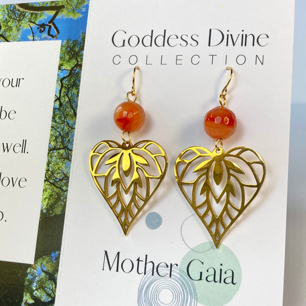 gold heart leaf carnelian gemstone earrings for self love and energy healing