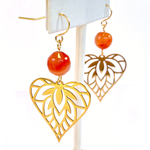 gold heart leaf carnelian gemstone earrings for self love and energy healing