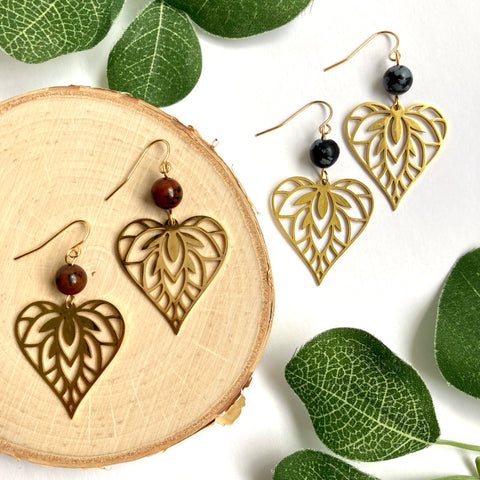 gold heart leaf obsidian gemstone earrings for self love and energy healing