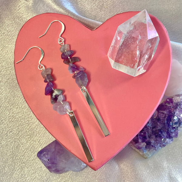 Amethyst gemstone dangle earrings with silver plated rectangles. Infused with healing energy channeled through Light Language.