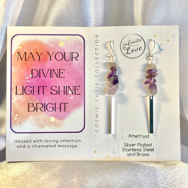 Amethyst gemstone dangle earrings with silver plated rectangles. Infused with healing energy channeled through Light Language. Earrings with a positive affirmation card.