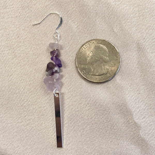 Amethyst gemstone dangle earrings with silver plated rectangles. Infused with healing energy channeled through Light Language. 
