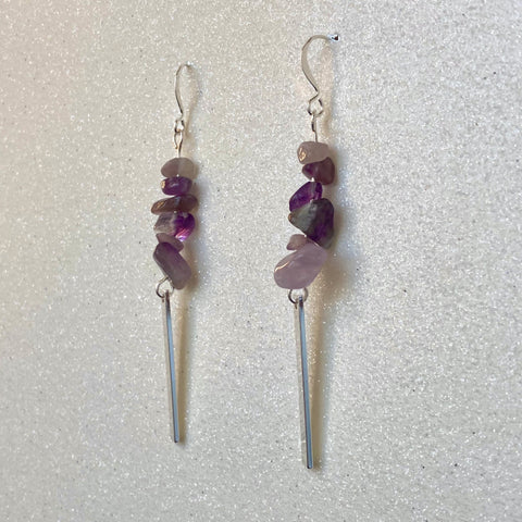 Amethyst gemstone dangle earrings with silver plated rectangles. Infused with healing energy channeled through Light Language.