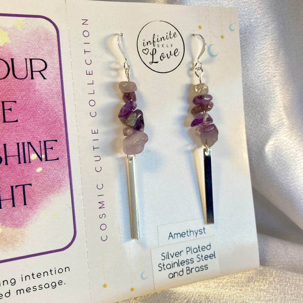 Amethyst gemstone dangle earrings with silver plated rectangles. Infused with healing energy channeled through Light Language. Earrings with a positive affirmation card.
