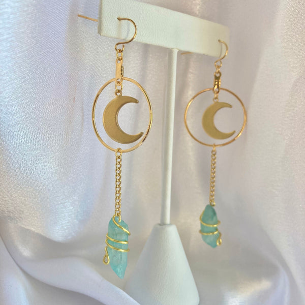 Aqua Blue Crystal Moon Dangle Earrings