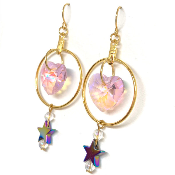 Pink Crystal Heart Gold Hoop Earrings