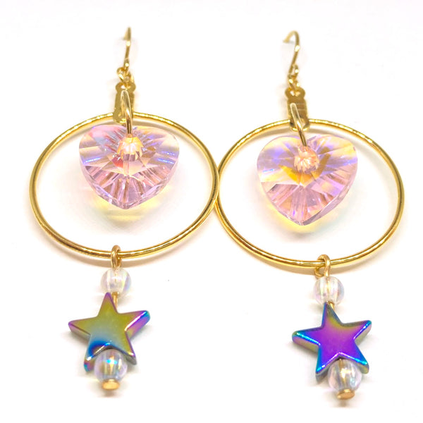 Pink Crystal Heart Gold Hoop Earrings
