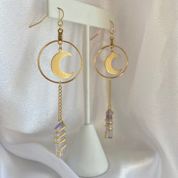 Moon and aura quartz gold hoop earrings. Light Language infused gemstone jewelry for self love and energy healing 