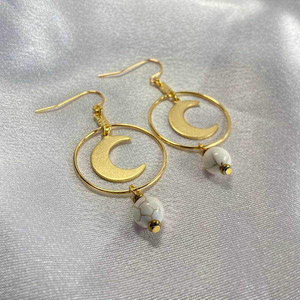 gold moon hoop earrings with white howlite gemstones. Light Language infused jewelry for self love and energy healing. 