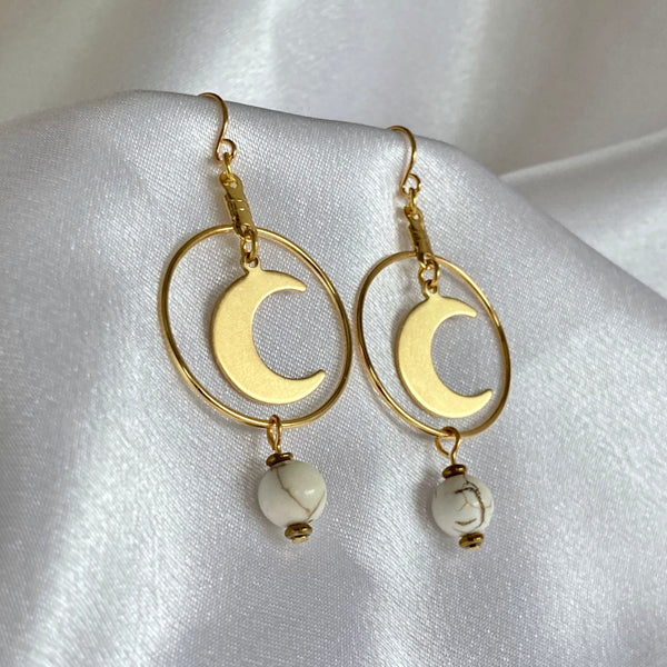 gold moon hoop earrings with white howlite gemstones