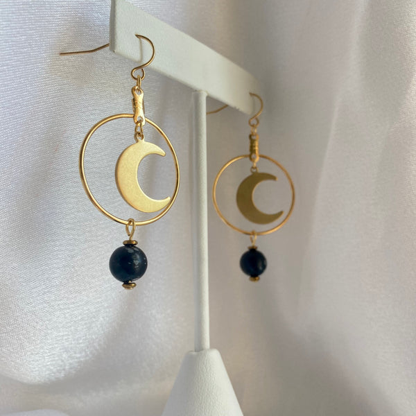 gold moon hoop earrings with snowflake obsidian gemstones. Light Language infused jewelry for energy healing and self love. 