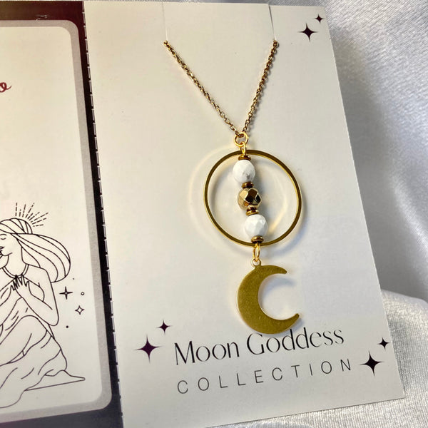 gold moon necklace with white howlite gemstones and gold crescent moon. Light language infused gemstone jewelry for self love and energy healing