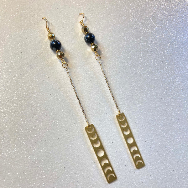 gold moon phases dangle earrings with snowflake obsidian and gold hematite gemstones