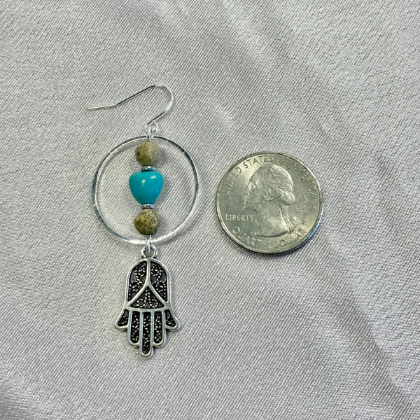 Silver gemstone earrings with hoops, hamsa symbol, turquoise magnesite heart and picture jasper beads