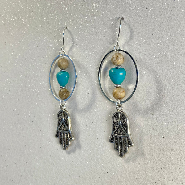 Silver gemstone earrings with hoops, hamsa symbol, turquoise magnesite heart and picture jasper beads. Light Language infused gemstone jewelry for self love and energy healing. 