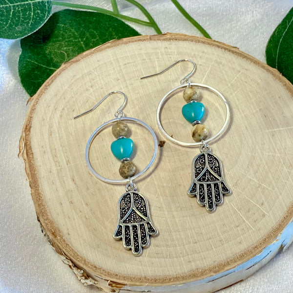 Silver gemstone earrings with hoops, hamsa symbol, turquoise magnesite heart and picture jasper beads