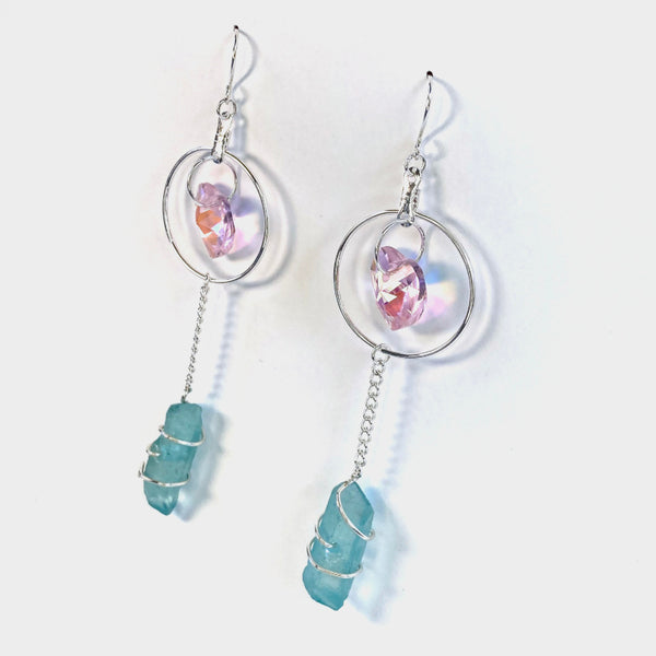 Crystal Heart Silver Dangle Earrings - Aqua Blue or Pink Quartz