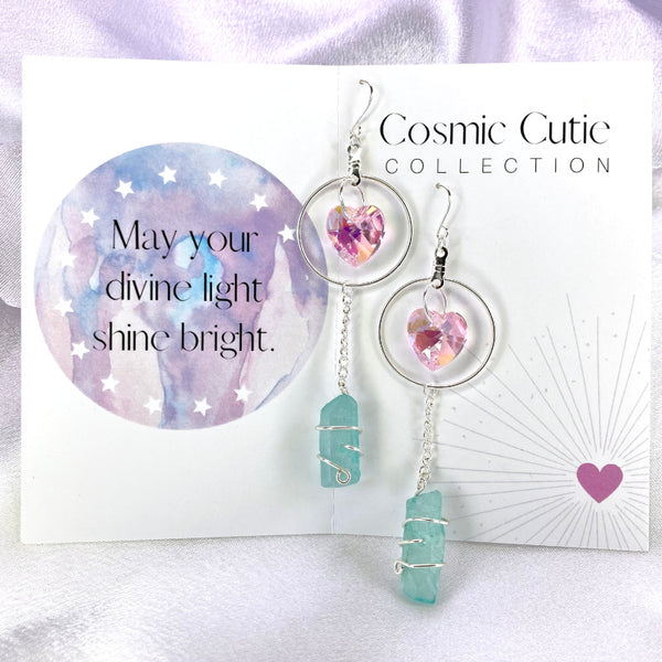 Crystal Heart Silver Dangle Earrings - Aqua Blue or Pink Quartz