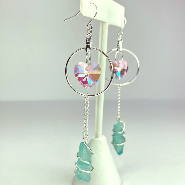 Silver gemstone earrings with hoops, hamsa symbol, turquoise magnesite heart and picture jasper beads. Light Language infused gemstone jewelry for self love and energy healing. 