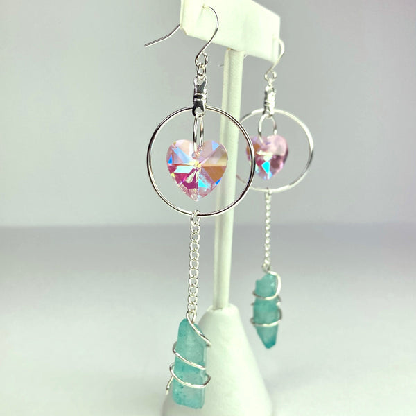 Crystal Heart Silver Dangle Earrings - Aqua Blue or Pink Quartz