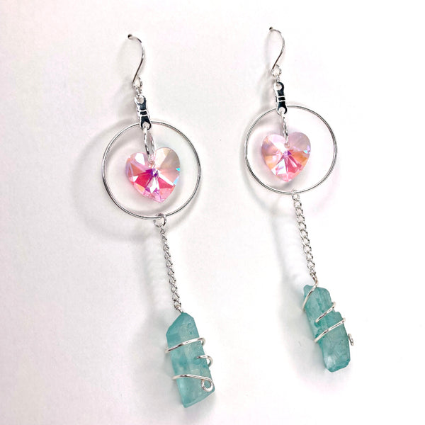 Crystal Heart Silver Dangle Earrings - Aqua Blue or Pink Quartz