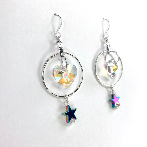Crystal Heart Silver Hoop Earrings