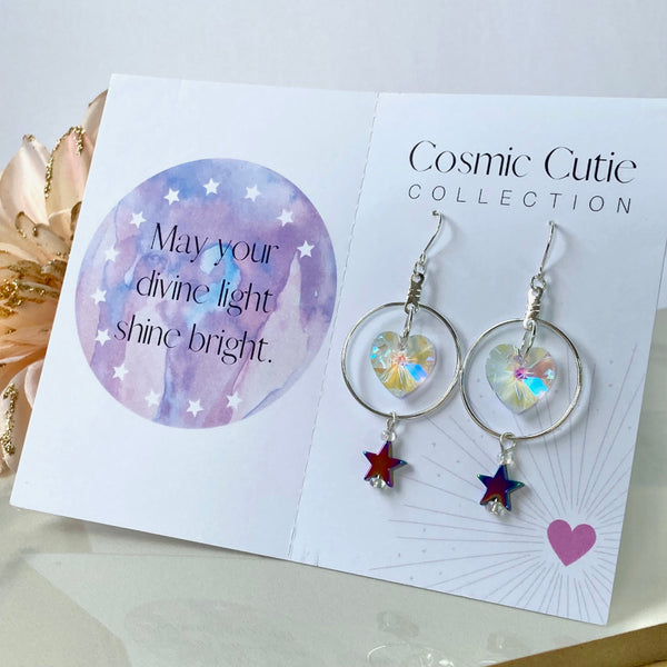 Crystal Heart Silver Hoop Earrings