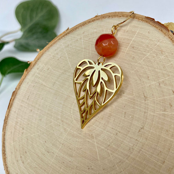 Heart Leaf Gold Plated Earrings - Carnelian Gemstones