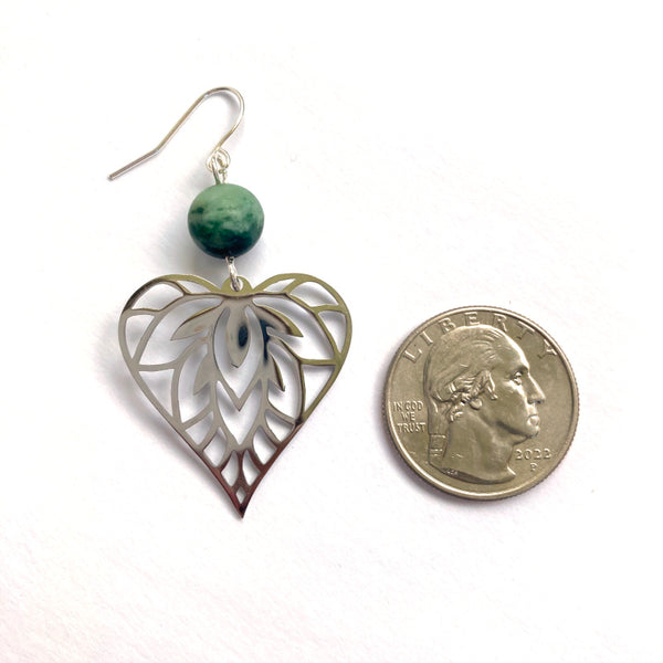 Heart Leaf Silver Earrings - Malachite Gemstones