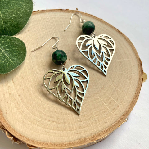 Heart Leaf Silver Earrings - Malachite Gemstones