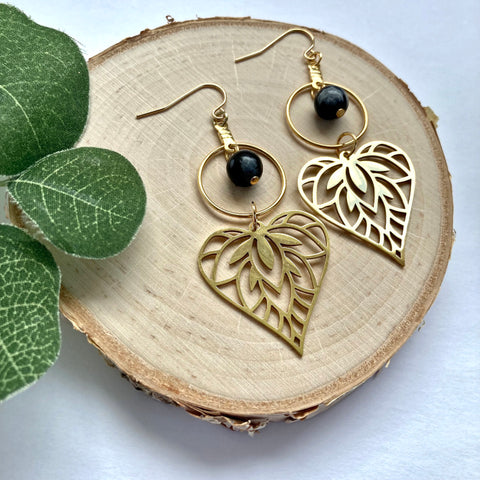 Heart Leaf Gold Plated Hoop Earrings - Obsidian Gemstones
