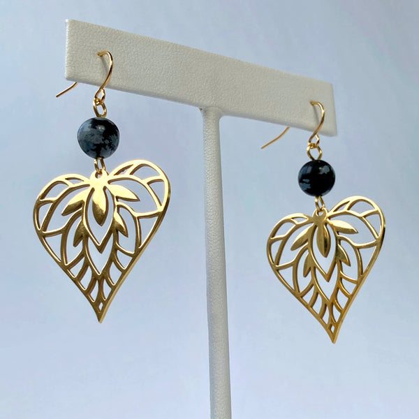 Heart Leaf Gold Plated Earrings - Obsidian Gemstones