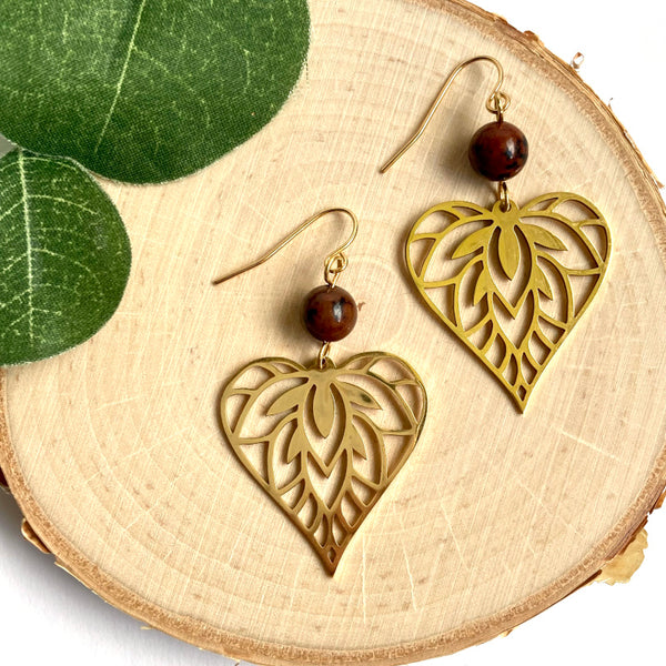 Heart Leaf Gold Plated Earrings - Obsidian Gemstones