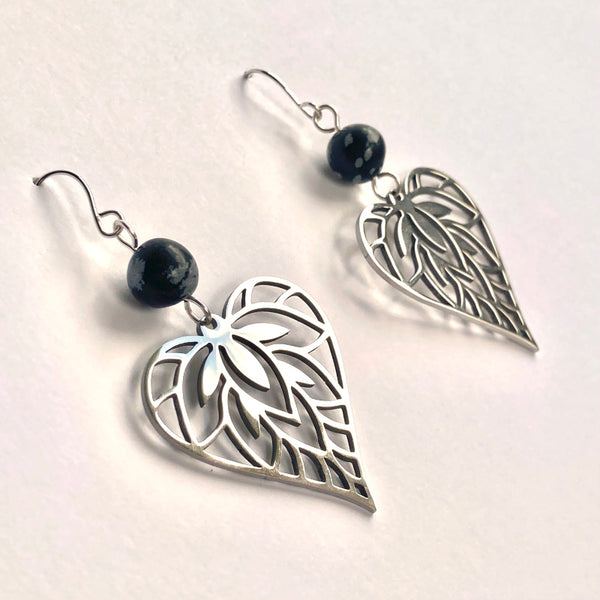 Heart Leaf Silver Earrings - Obsidian Gemstones
