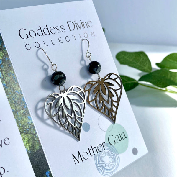 Heart Leaf Silver Earrings - Obsidian Gemstones