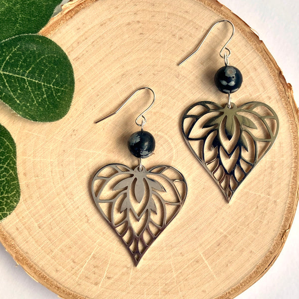Heart Leaf Silver Earrings - Obsidian Gemstones