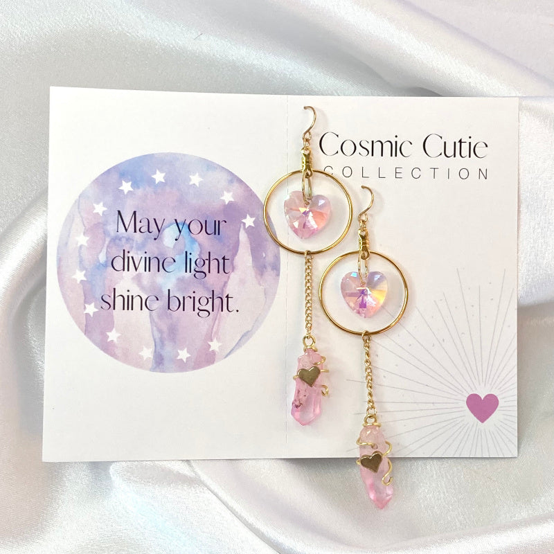 Pink Crystal Heart Gold Dangle Earrings