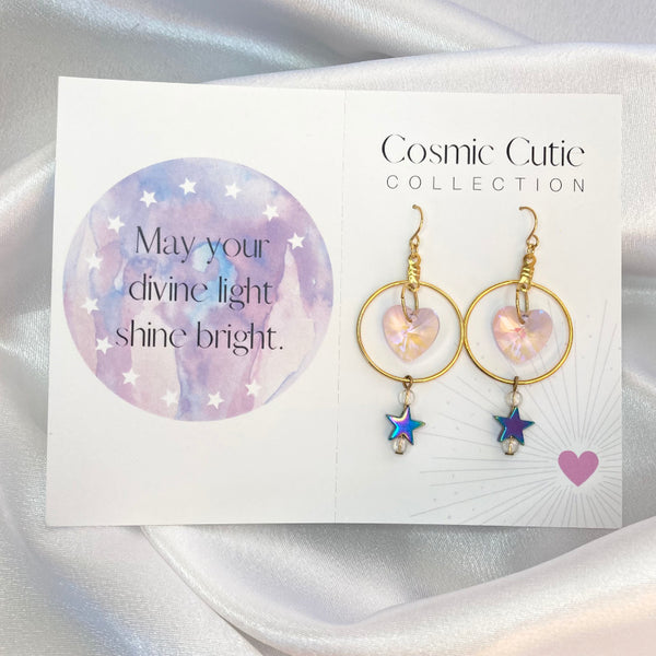 Pink Crystal Heart Gold Hoop Earrings