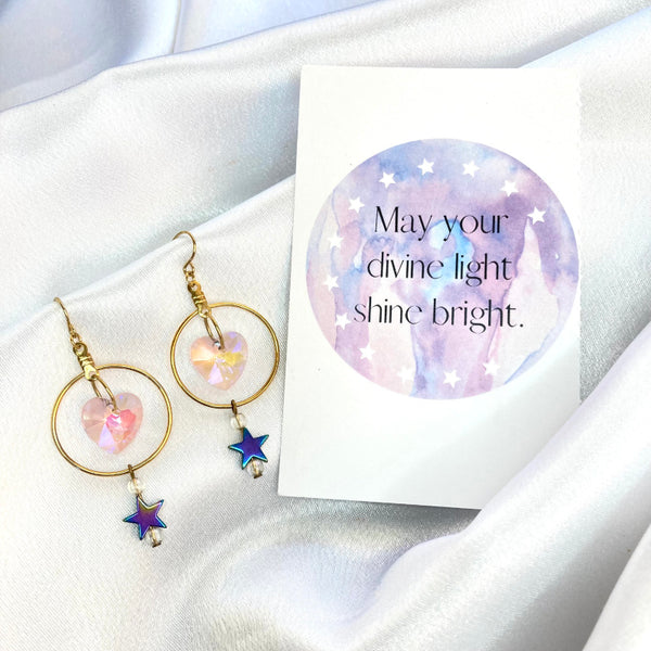 Pink Crystal Heart Gold Hoop Earrings