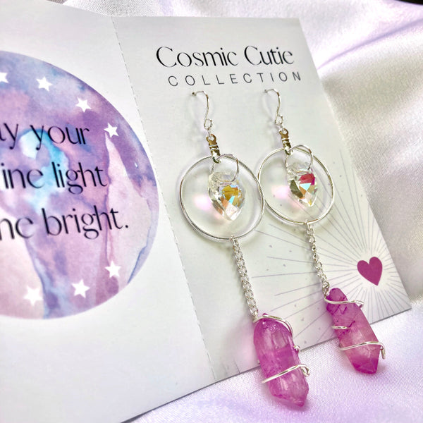 Crystal Heart Silver Dangle Earrings - Aqua Blue or Pink Quartz