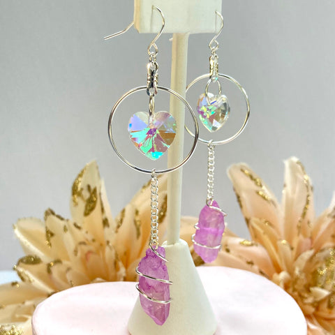 Crystal Heart Silver Dangle Earrings - Aqua Blue or Pink Quartz