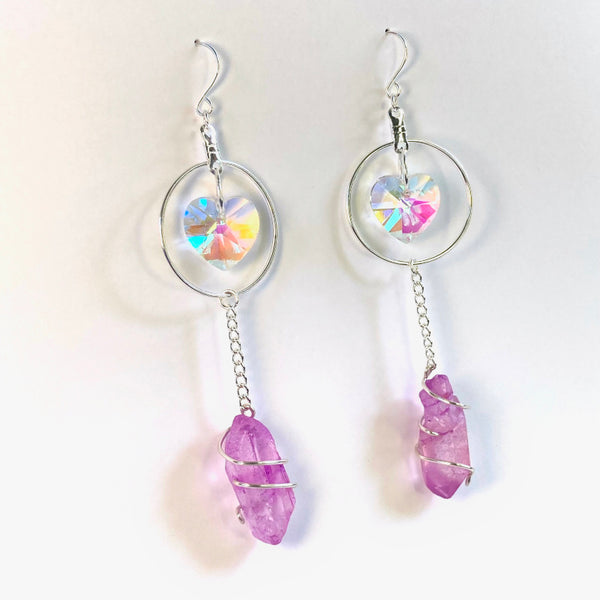 Crystal Heart Silver Dangle Earrings - Aqua Blue or Pink Quartz