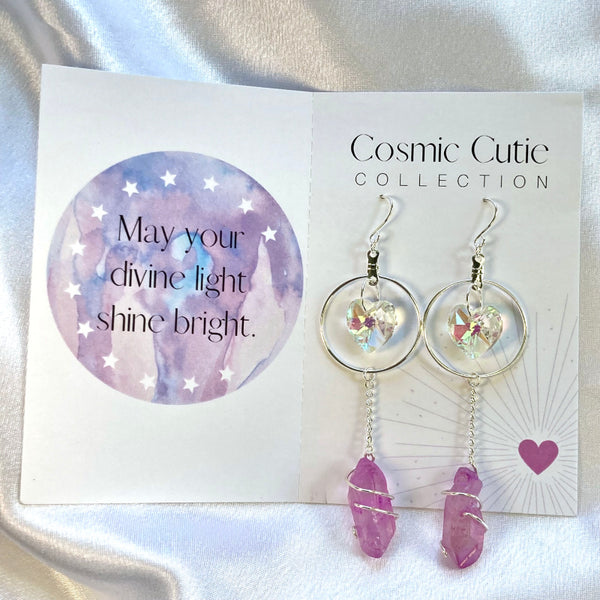 Crystal Heart Silver Dangle Earrings - Aqua Blue or Pink Quartz