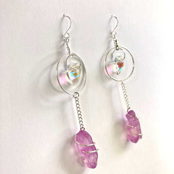 Crystal Heart Silver Dangle Earrings - Aqua Blue or Pink Quartz