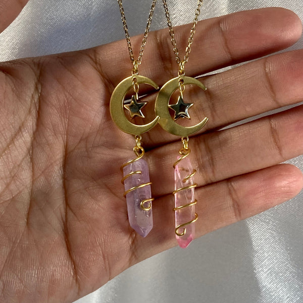 pink and purple quartz with gold moon and star gold plated necklace. Light Language infused gemstone jewelry for self love and energy healing. 