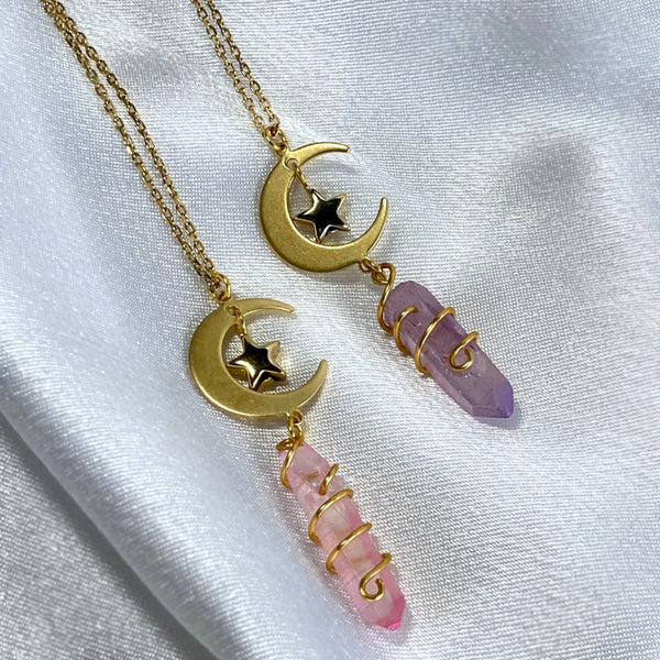 pink and purple quartz with gold moon and star gold plated necklace