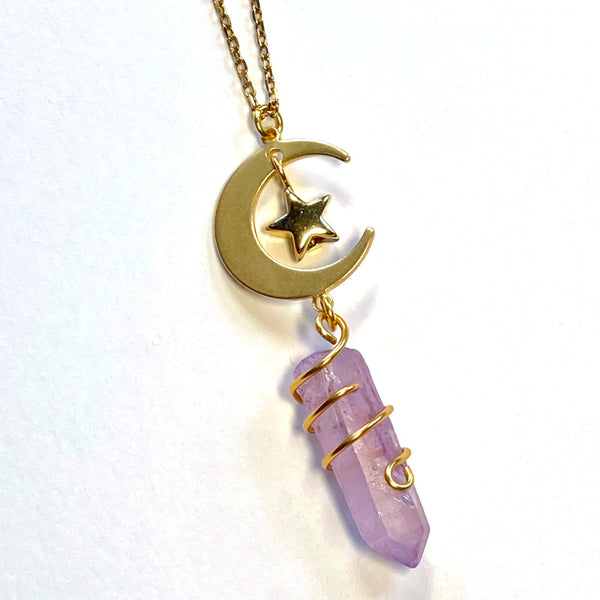 pink and purple quartz with gold moon and star gold plated necklace. Light Language infused gemstone jewelry for self love and energy healing. 
