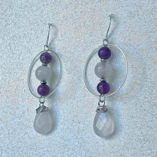 Amethyst and Rose Quartz gemstone earrings with silver hoops. Infused with healing energy using Light Language.
