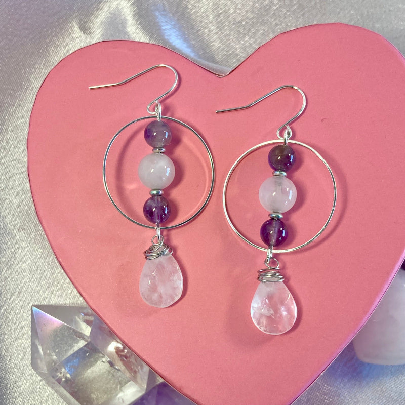 Amethyst and Rose Quartz gemstone earrings with silver hoops. Gemstone jewelry Infused with healing energy using Light Language to promote self love 